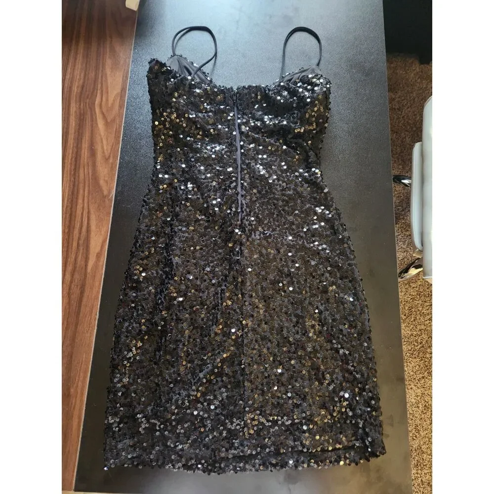 Black Sequin Bustier Bodycon Mini Dress Underwire Corset Party Cocktail